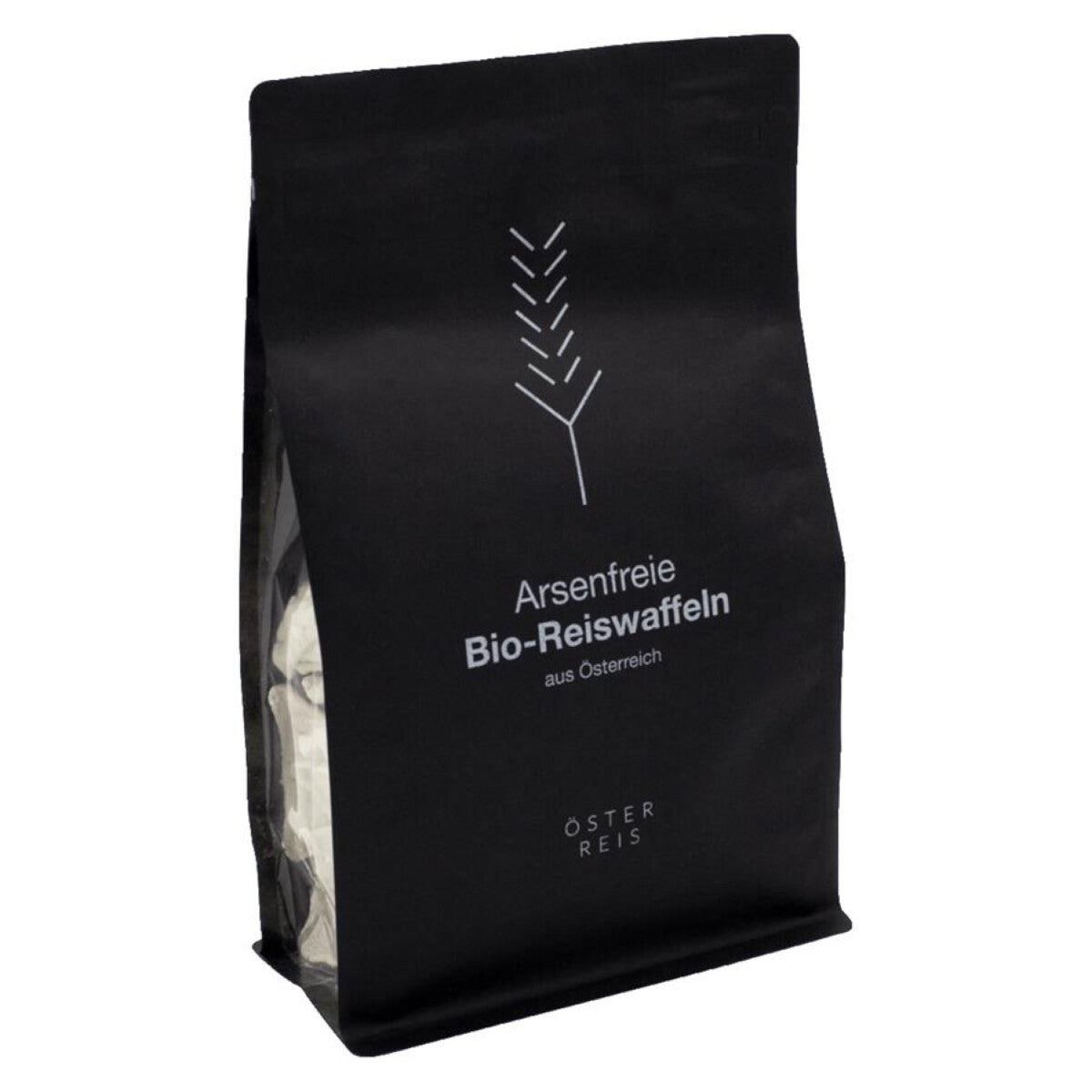 Reiswaffeln in dreieckiger Form in schwarzer Vepackung mit weißer Aufschrift.